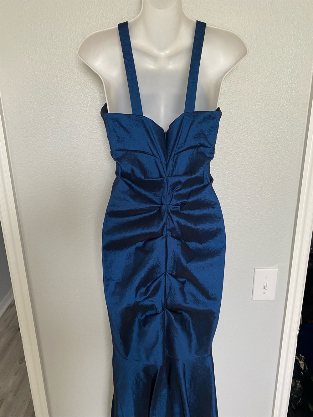 Xscape Elegant Beaded Halter Mermaid Hem Evening Full Length Gown in Deep Blue - Picture 7 of 12